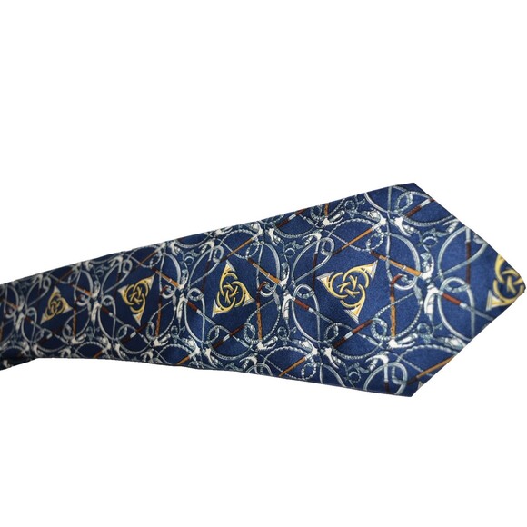 Vintage Hermes Blue Gold Equestrian? Tie 100% Silk Made in France - Picture 1 of 9
